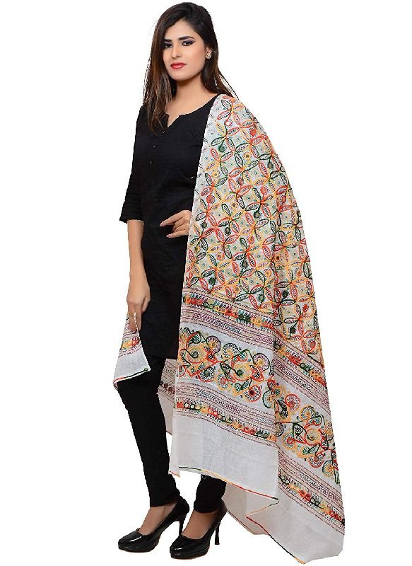 TS0273 White Embroidered Flower Pattern Dupatta