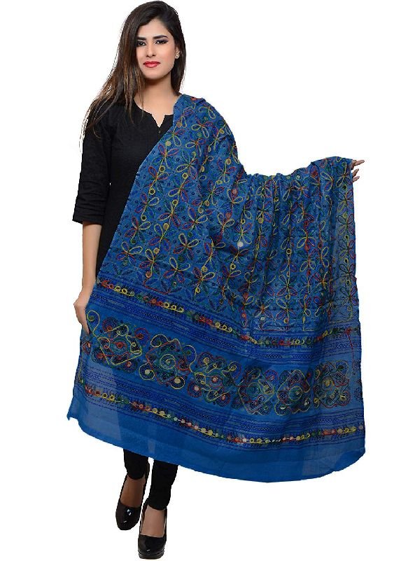 TS0276 Navy Blue Embroidered Flower Pattern Dupatta