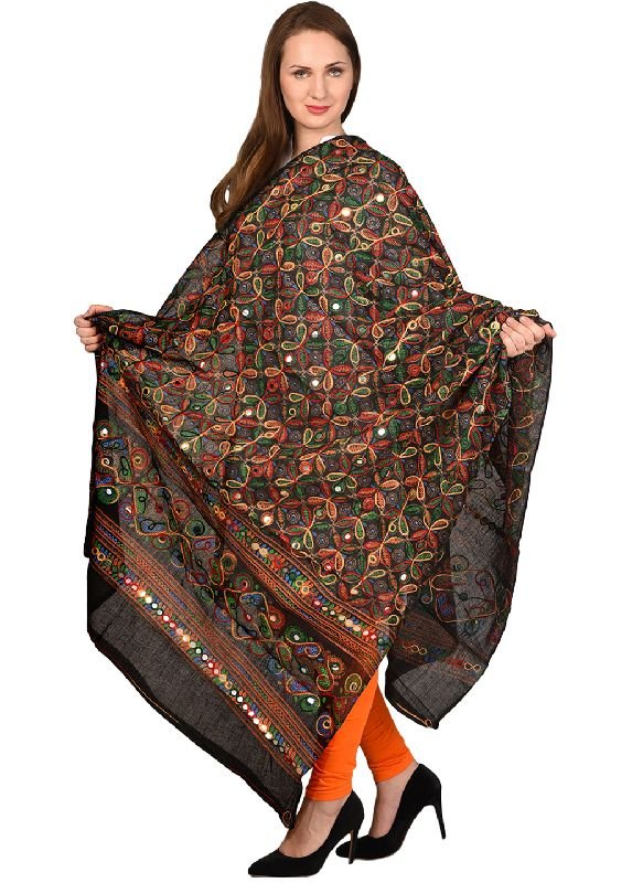 TS0277 Black Embroidered Flower Pattern Dupatta