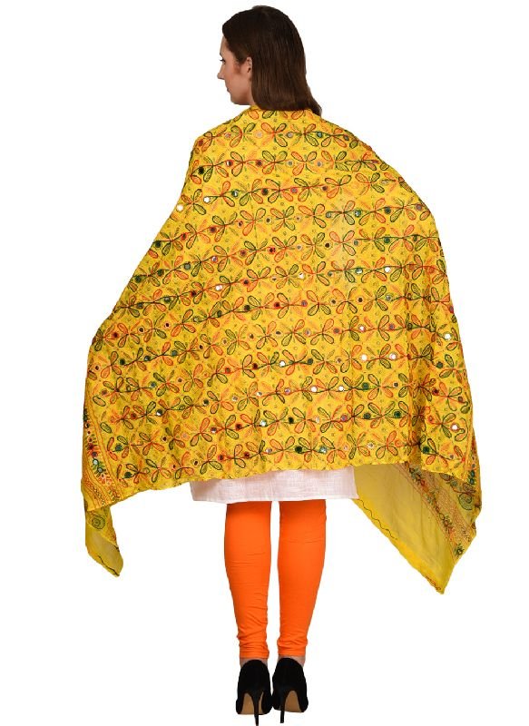 TS0278 Yellow Embroidered Flower Pattern Dupatta
