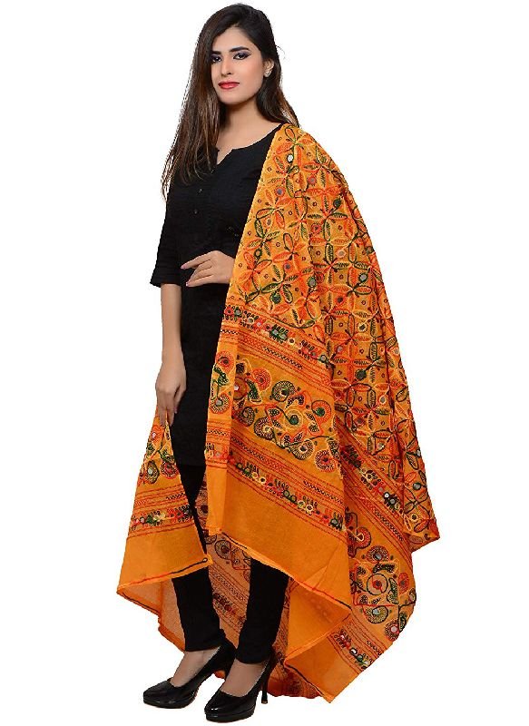 TS0291 Mustard Embroidered Flower Pattern Dupatta