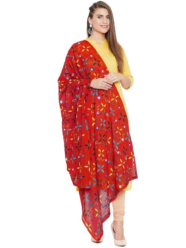 TS1224 Red Ladies Embroidered Star Design Dupatta