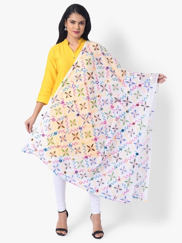 TS1225 White Ladies Embroidered Star Design Dupatta