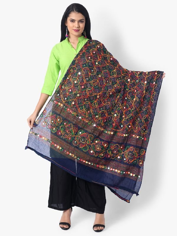 TS1241 Navy Blue Dark Embroidered Flower Pattern Dupatta