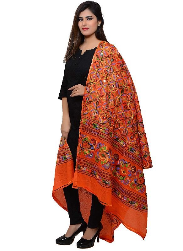 TS0269 Orange Embroidered Flower Pattern Dupatta