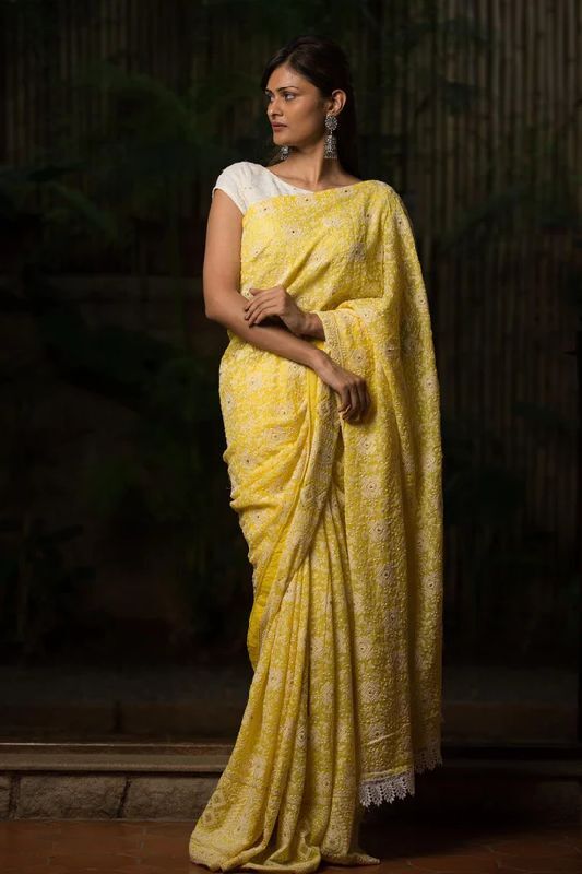 Lemon Yellow Chikankari Inspired Georgette Saree