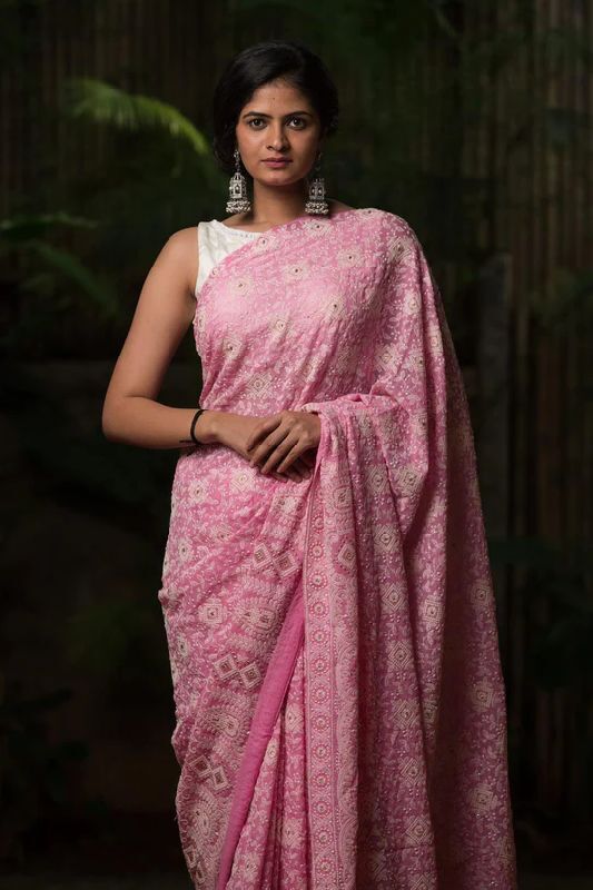 Pink Chikankari Inspired Georgette Saree