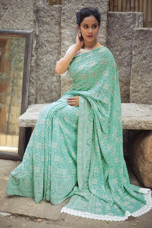 Sea Green Chikankari Inspired Georgette Saree