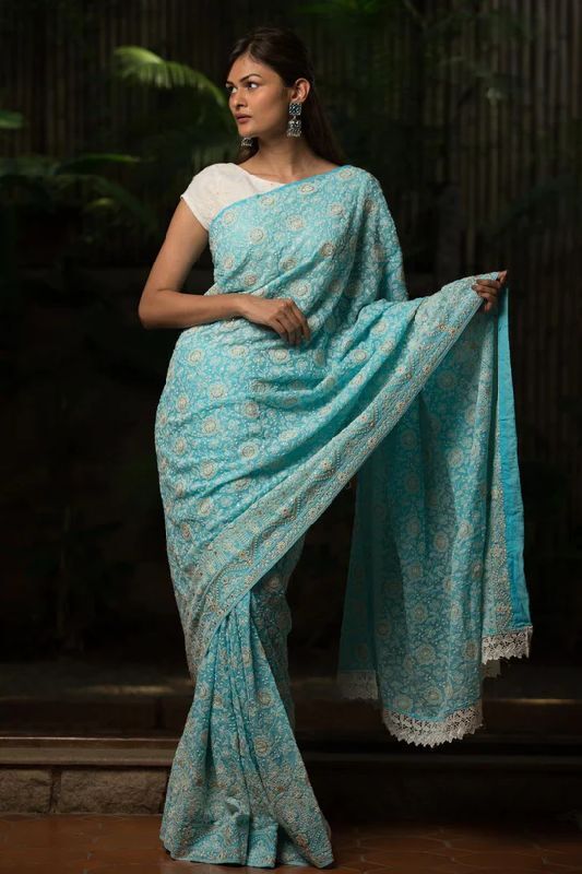 Sky Blue Chikankari Inspired Georgette Saree