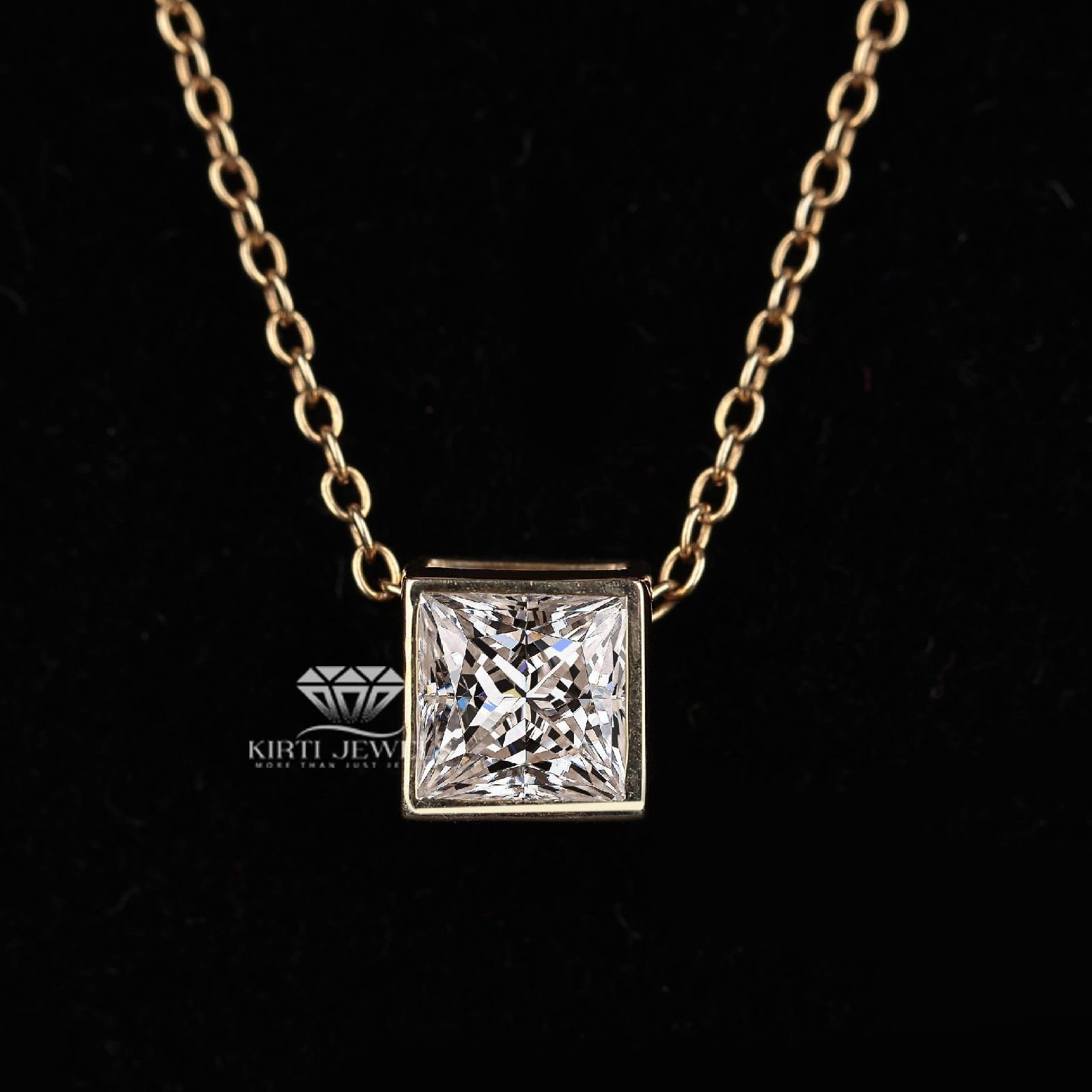 14K Gold Princess Cut Diamond Pendant Necklace