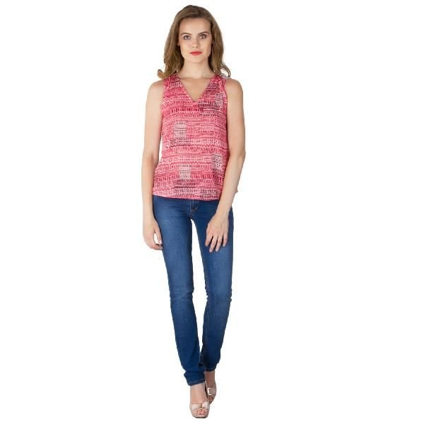 V Neck Red Sleeveless Tops (CLB2077PK-1)