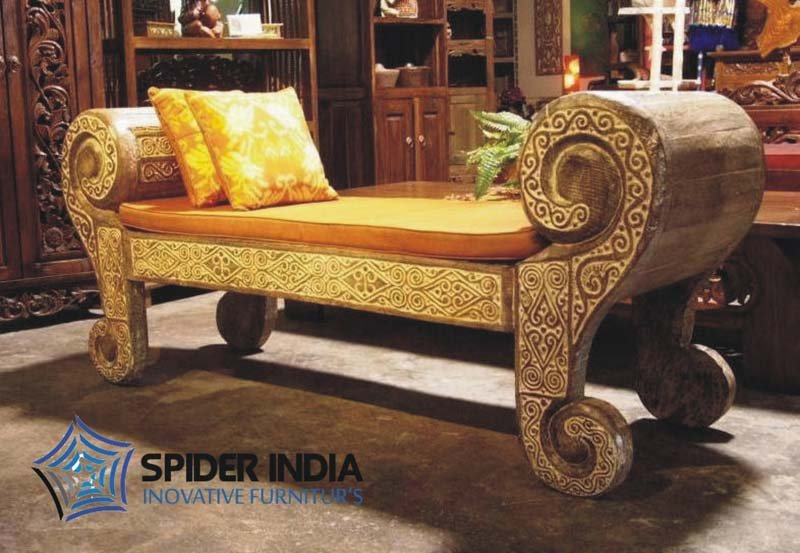 Carved Tribal Bench with Rolled Arms