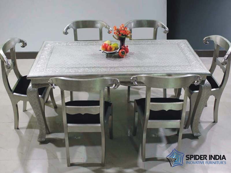 Embossed White Metal Dining Table Set