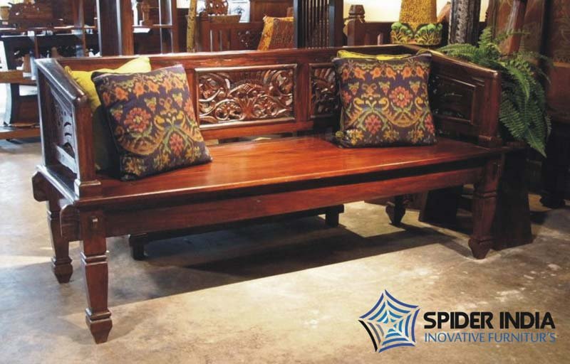 Reclaimed Teak Carved Bench 3 Seat