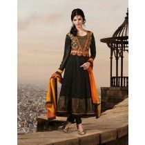 Heer Black & Orange Net Anarkali Semistitched Suit