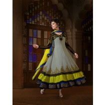 Heer Grey & Yellow Faux Georgette Anarkali Semistitched Suit