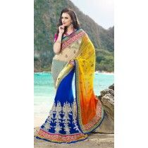 Koel Yellow, Beige & Blue Soft Net & Cotton Lehenga Saree