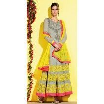 Leela Grey & Yellow Georgette Long Anarkali Suit