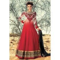 Rumi Red & White Soft Net Long Anarkali Suit