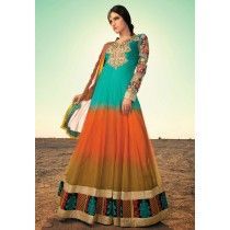 Rumi Turquoise & Orange Soft Net Long Anarkali Suit