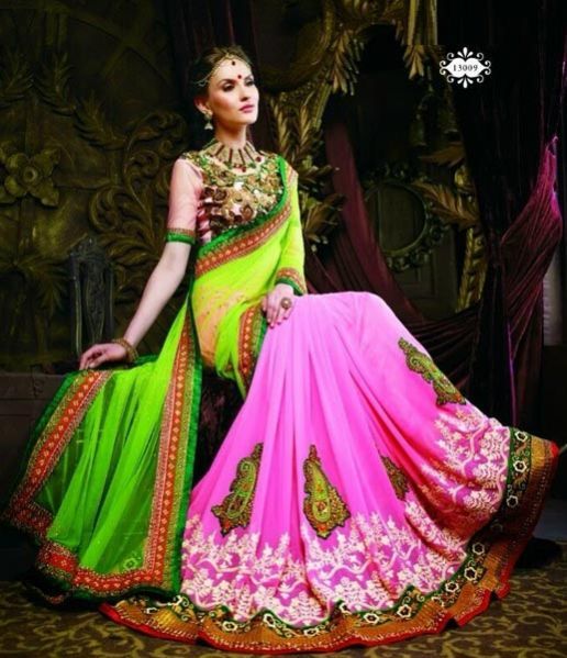Dazzling Parrot Green & Pink Saree
