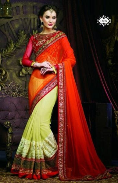 Orange & Light Sea Green Saree