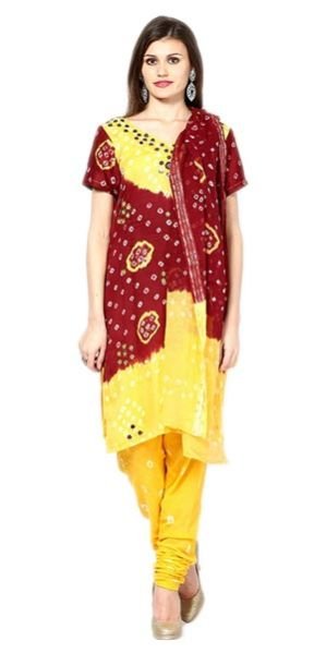 Bandhani Yellow Red Dress Material