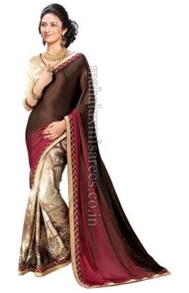 F - Indianbeauty Printed, Solid Bollywood Satin, Pure Chiffon Sari - 1341