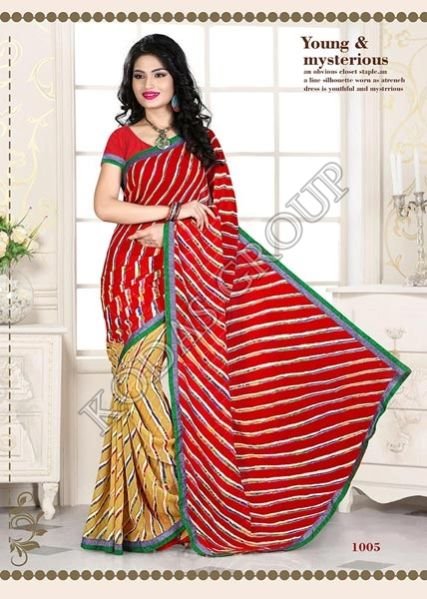 Red Half & Half Lehariya Saree