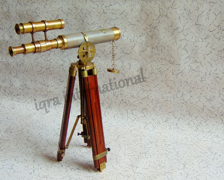 Antique Brass Telescope with Wooden Stand Navy Brass Double Barrel Telescope