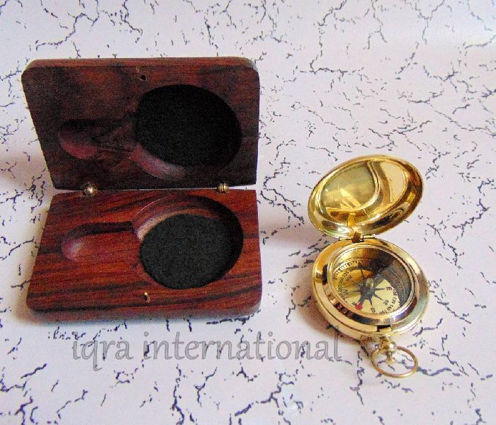 Brass Push Button Direction Pocket Compass with Wooden Box