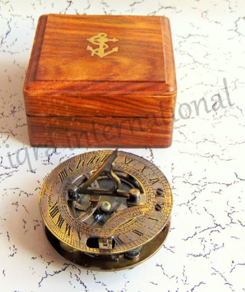 Nautical Brass Antique Sundial Vintage Compass with Wooden Box