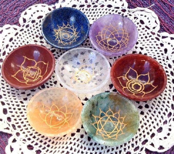 Chakra Bowls Crystal healing 7 Gemstone Symbol Bowl Set Lapis Amethyst Quartz Aventurine reiki Stone