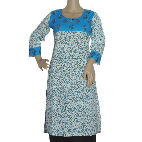 Ambara Kurti - Off - White and Peacock Blue