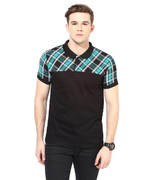 T-shirt Black Checks Cotton Polo Neck