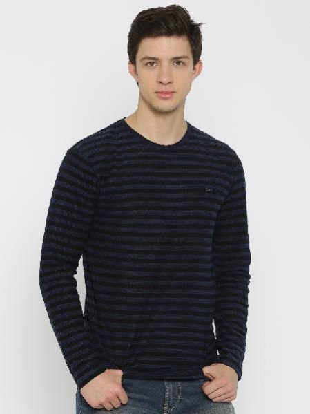 Mens Black T-Shirt Striped Round Neck