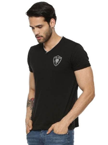 Mens Black V Neck T-shirt Chest Embroidered