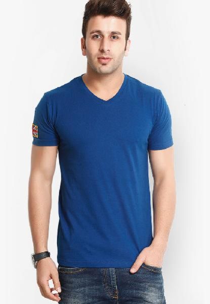 Mens Solid Blue V Neck T-shirt