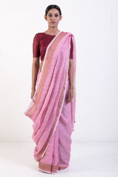 Linen Saree With Golden Zari Border 01