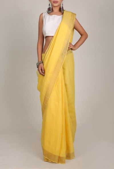 Linen Saree With Golden Zari Border 02