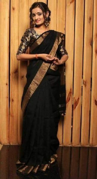 Linen Saree With Golden Zari Border 05