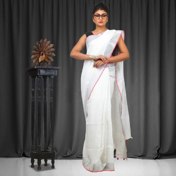 Linen Saree With Silver Zari Border 02