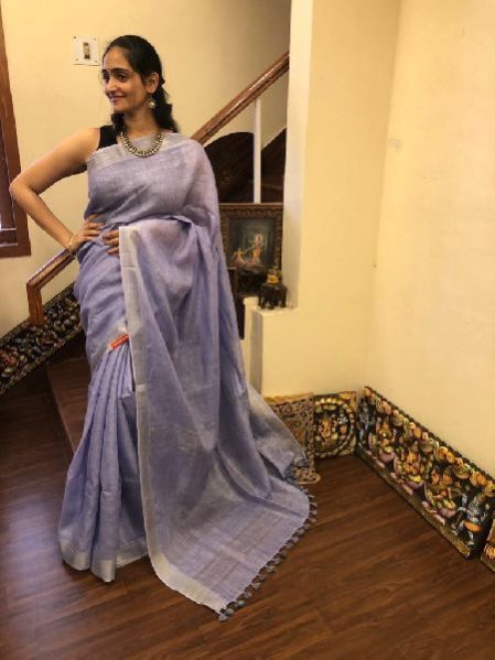 Linen Saree With Silver Zari Border 07