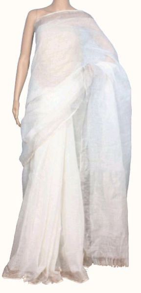Linen Saree With Silver Zari Border 14