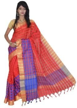 Red Check Mercerized Cotton Saree