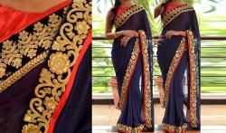 Navy Blue & Red Party Wear Saree
