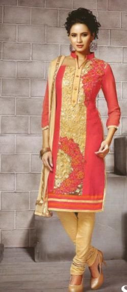 Ladies Pink & Cream Churidar Unstitched Suits