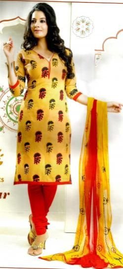 Ladies Yellow & Red Churidar Unstitched Suits