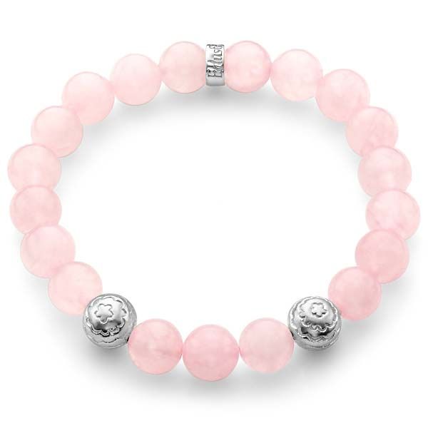 Silver Flower Bead Pink Quartz Gemstone Bracelet