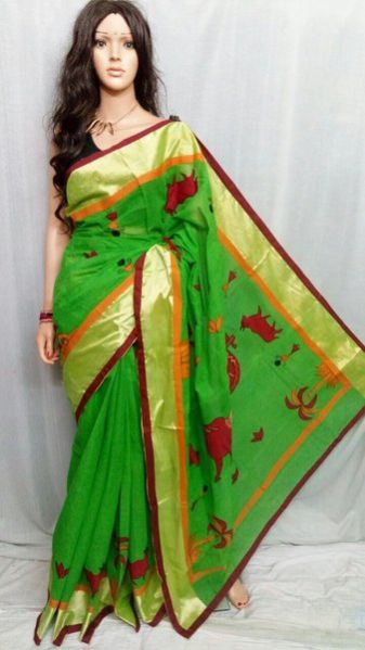 Green Background Handloom Cotton Sarees